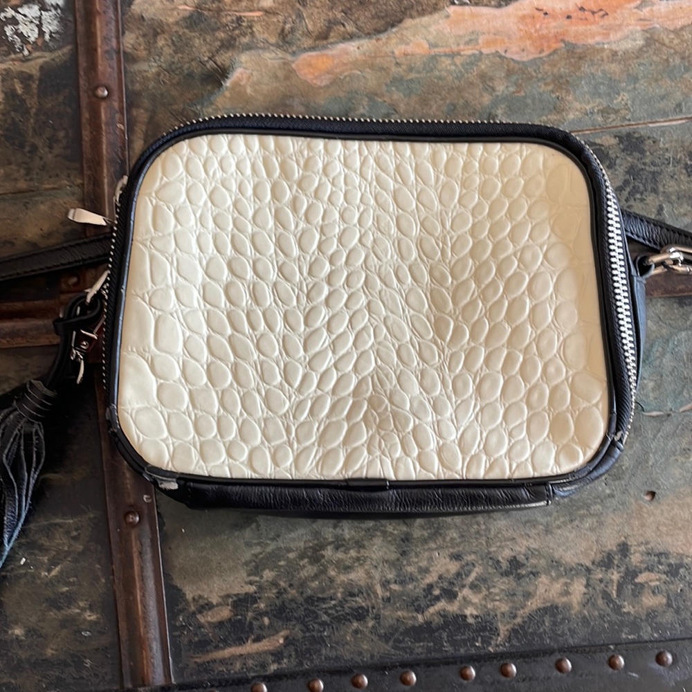 Pour la Victoire 2 tone snake croc embossed shoulder bag